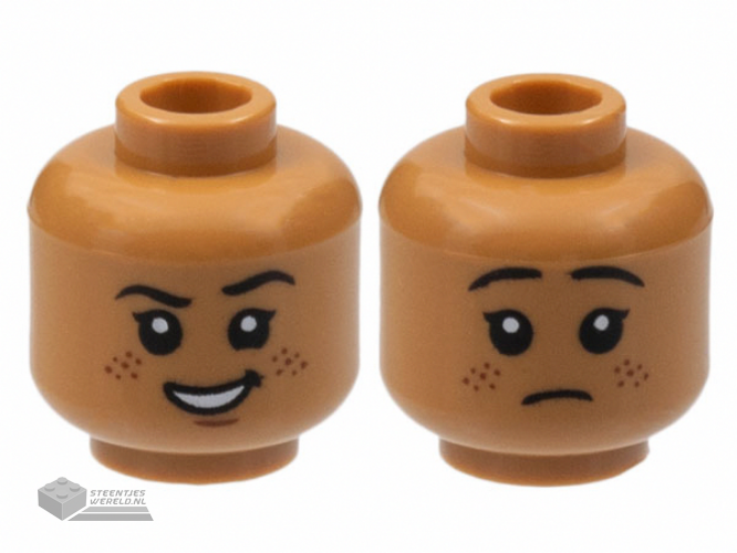 3626cpb2992 - Minifigure, Head Dual Sided, Black Eyebrows and Eyes with White Pupils, Smirk with Open Mouth Smile, Reddish Brown Freckles / Sad Pattern - Hollow Stud