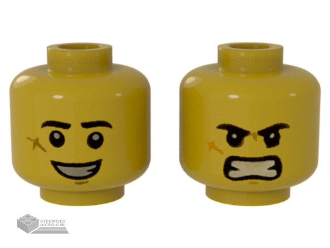 3626cpb2574 - Minifigure, Head Dual Sided Black Eyebrows, Cheek Scar, Large Smile with Teeth / Angry Pattern - Hollow Stud