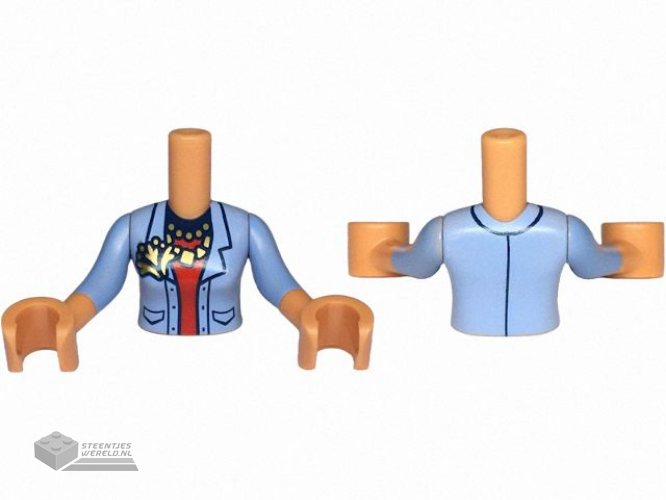 FTWpb386c01 – Torso Mini Doll Woman Bright Light Blue Jacket Open over Red Shirt with Dark Blue Collar, Gold Necklaces and Pendant Pattern, Nougat Arms with Hands with Bright Light Blue Medium Long Sleeves