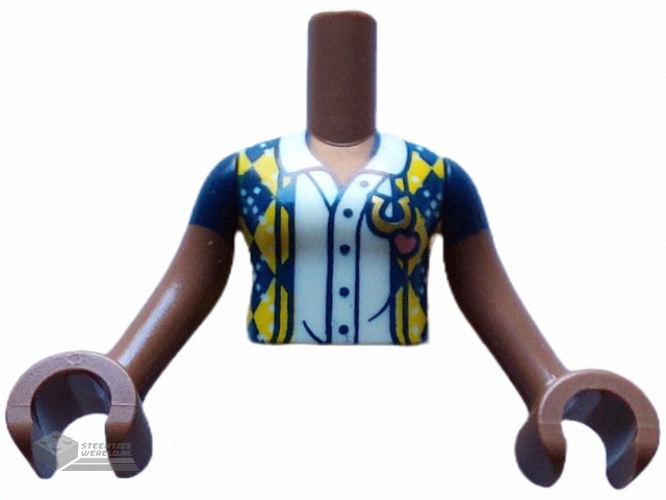 FTGpb412c01 – Torso Mini Doll Girl Dark Blue Vest with Yellow and White Diamonds over Blouse Pattern, Medium Brown Arms with Hands with Dark Blue Short Sleeves