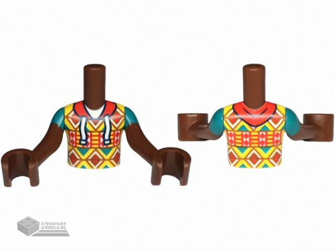FTBpb129c01 – Torso Mini Doll Boy Yellow Hoodie with Red, White, Dark Orange and Dark Turquoise Geometric Shapes, Red Hood with Strings Pattern, Reddish Brown Arms with Hands with Dark Turquoise Short Sleeves