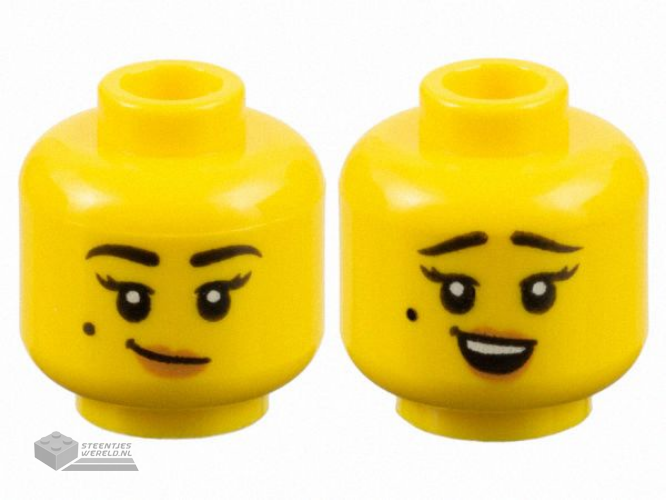 3626cpb2963 - Minifigure, Head Dual Sided Female Black Eyebrows and Beauty Mark, Medium Nougat Lips, Lopsided Grin / Surprised Pattern - Hollow Stud