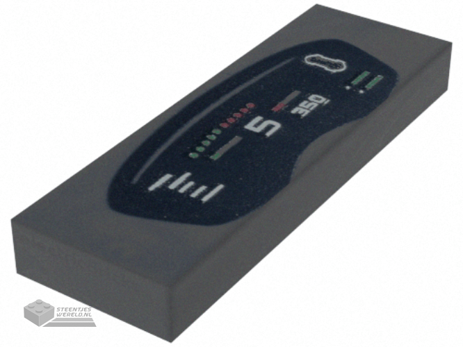63864pb261 – Tile 1 x 3 with Black Dashboard Display with Red and Green Lights and Gauges, White Number 5 and ‘350’ Pattern