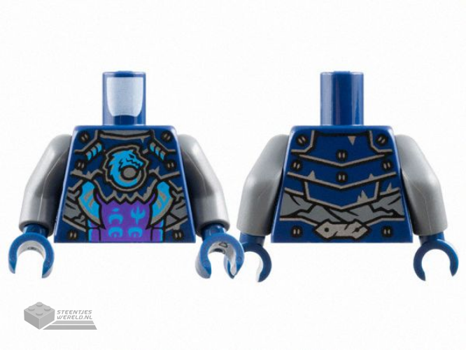 973pb5516c01 – Torso Armor Plates with Silver Trim and Blades, Dark Azure Wolf and Ninjago Logogram 'WO' and 'MO' Pattern / Dark Bluish Gray Arms / Dark Blue Hands