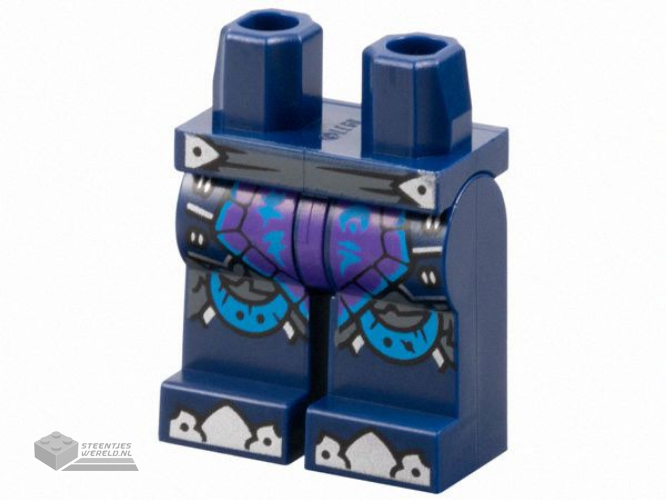 970c00pb1575 – Hips and Legs with Dark Bluish Gray Belt, Dark Purple Loincloth with Dark Azure Ninjago Logogram ‘LF’ and ON’, Silver Toes and Trim Pattern
