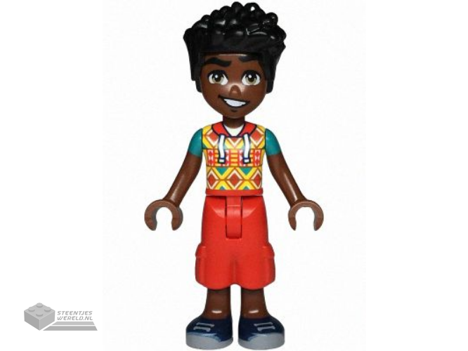 frnd768 – Friends Zac – Yellow Top with Geometric Shapes, Red Cropped Trousers, Dark Blue Shoes