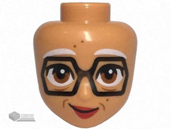 107625 – Mini Doll, Head Friends with White Eyebrows, Large Black Hexagon Glasses, Dark Orange Eyes, Dots and Wrinkles, Red Lips, Lopsided Grin Pattern