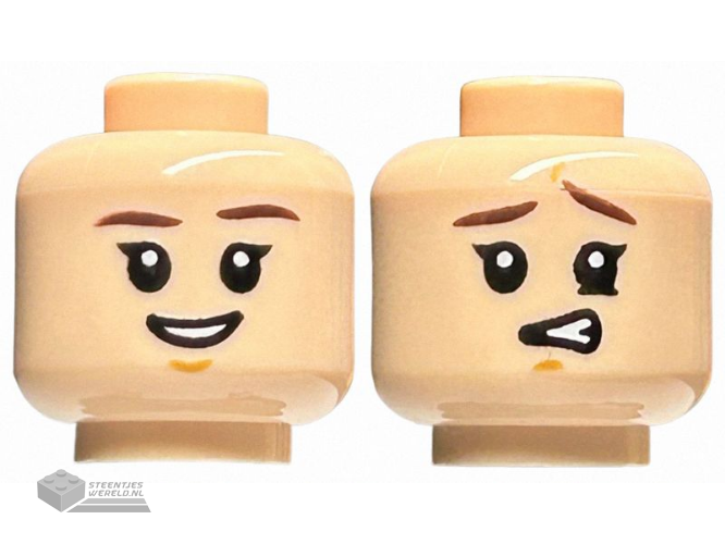 28621pb0056 - Minifigure, Head Dual Sided Dark Brown Eyebrows, Medium Nougat Chin Dimple, Open Mouth Smile / Confused with Raised Eyebrow Left Pattern - Vented Stud