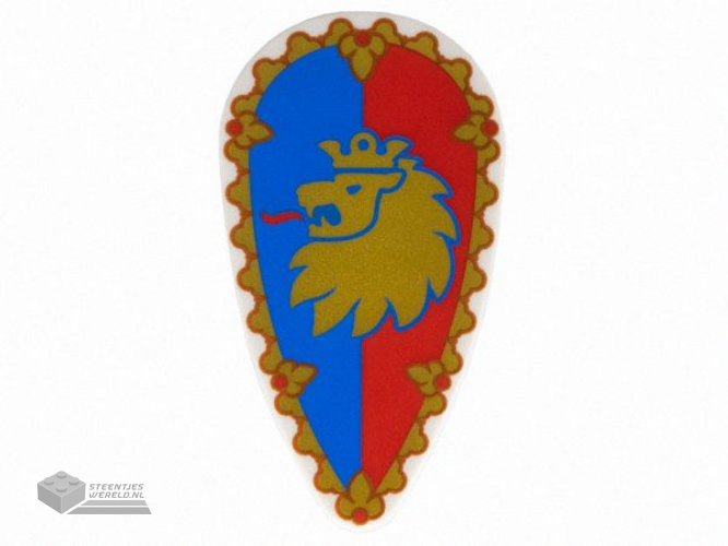 2586pb012 - Minifigure, Shield Ovoid with Gold Border and Lion Head on Blue and Red Background Pattern