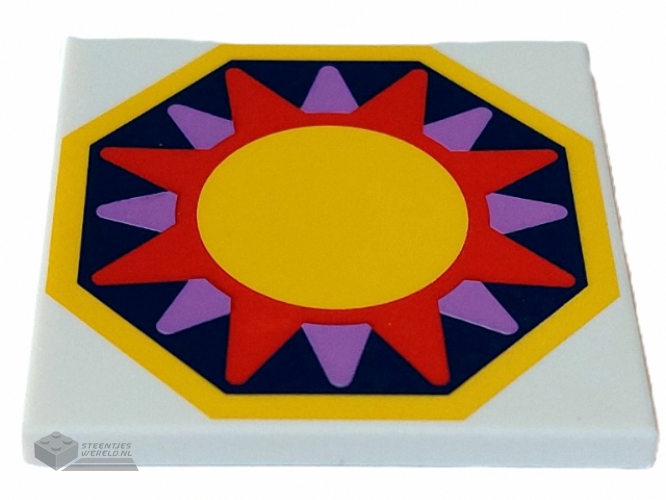 1751pb001 – Tile 4 x 4 with Yellow, Magenta and Medium Lavender Sun on Dark Blue Octagon Background with Yellow Edge Pattern