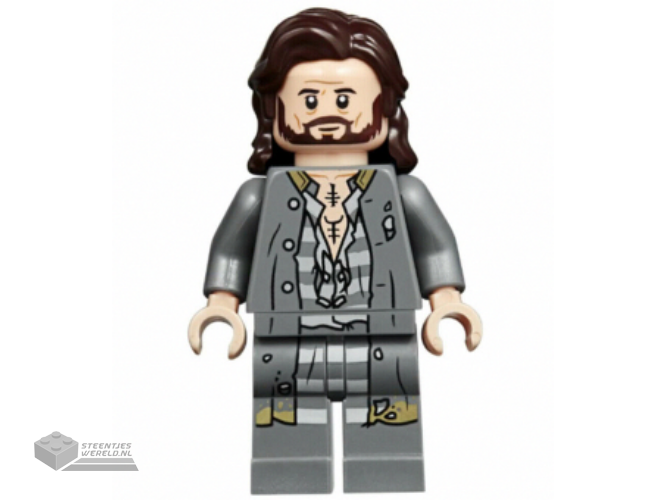hp174 – Sirius Black – Dark Brown Hair, Dark Bluish Gray Jacket over Tattered Striped Shirt, Printed Legs