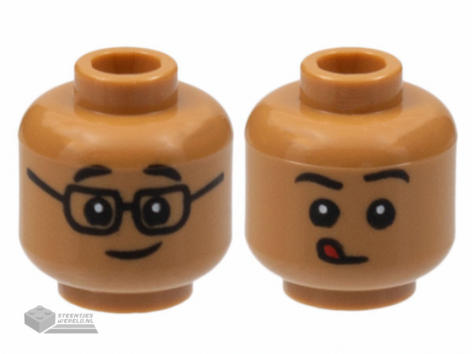 3626cpb2994 - Minifigure, Head Dual Sided Child Black Eyebrows, Glasses and Grin / Closed Mouth with Red Tongue Licking Pattern - Hollow Stud