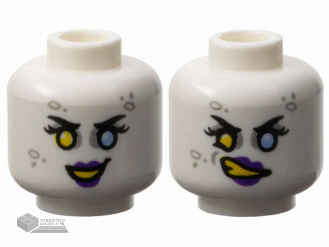 3626pb3642 – Minifigure, Head Dual Sided Female Black Eyebrows, Eyelashes, Yellow Right Eye, Bright Light Blue Left Eye, Light Bluish Gray Eye Shadow and Spots, Dark Purple Lips, Open Mouth Smile with Teeth / Lopsided Scowl Pattern