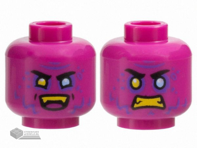 3626pb3668 - Minifigure, Head Dual Sided Black Eyebrows, Dark Purple Brow Furrow, Spots, Fur, Bright Light Blue Eye Left, Yellow Eye Right and Teeth, Open Smile / Scowl Pattern