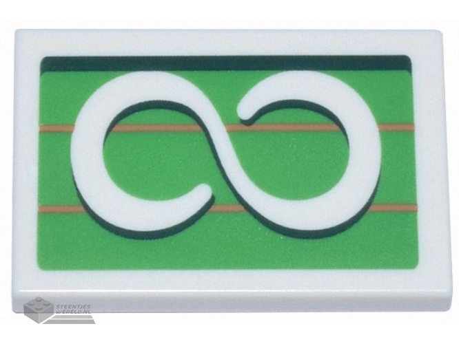26603pb357 – Tile 2 x 3 with White Infinity Symbol on Bright Green Background with Dark Green and Medium Nougat Lines Pattern
