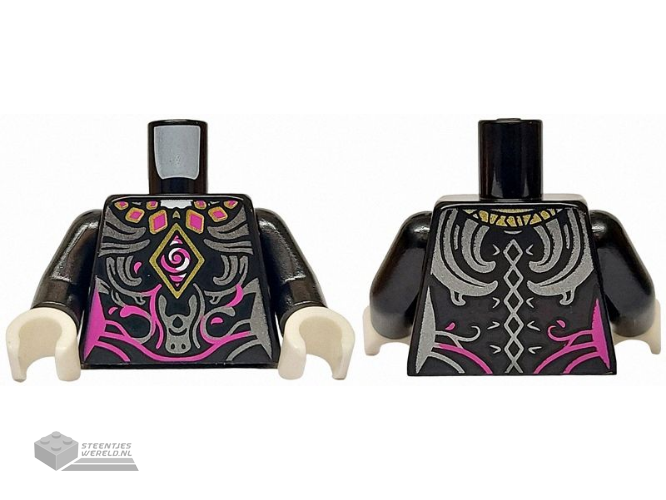 973pb5537c01 - Torso Magenta and Silver Swirls, Gold Diamond and Necklace, Tied on Back Pattern / Black Arms / White Hands