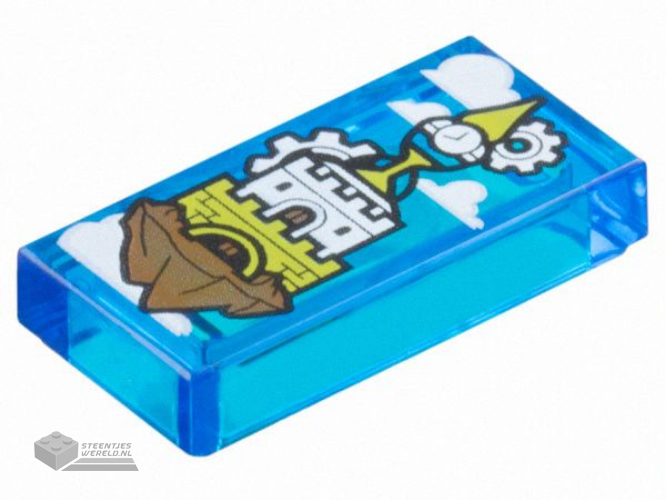 3069pb1267 – Tile 1 x 2 with White Clouds, Lime Castle and Clock Tower on Floating Rock Pattern