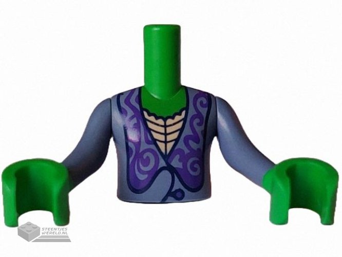 FTGpb491c01 – Torso Mini Doll Girl Sand Blue Dress Top with Tan Inset, Black Lines and Dark Purple Button and Filigree Collar Pattern, Bright Green Arms with Hands with Sand Blue Long Sleeves