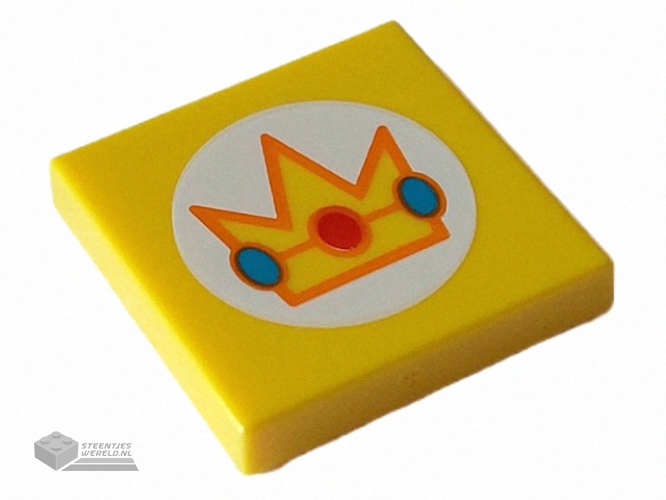 3068pb2061 – Tile 2 x 2 with Crown with Red and Dark Turquoise Jewels and Orange Edges in White Circle Pattern