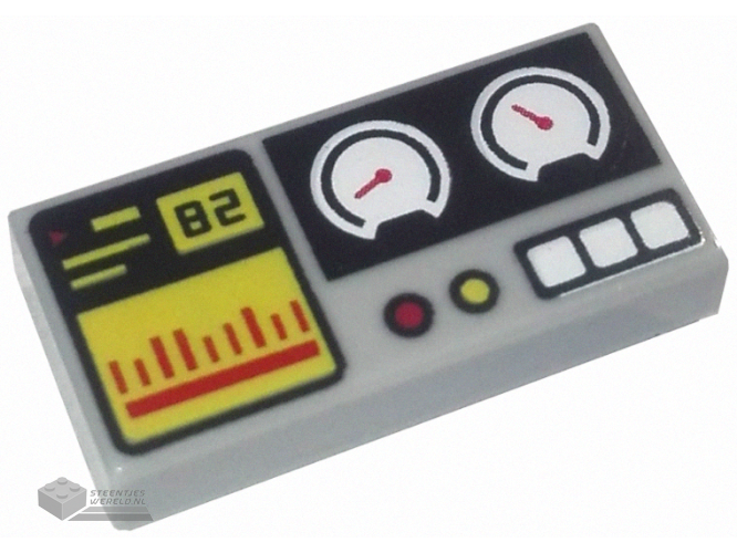 3069pb0855 – Tile 1 x 2 with Black '82', Yellow and Red Bar Chart and Buttons, White Gauges Pattern