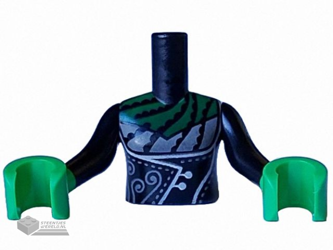 FTGpb493c01 – Torso Mini Doll Girl Dress Top with Light Bluish Gray Breast Inset and Filigree and Dark Green Collar Pattern, Bright Green Arms with Hands with Black Long Sleeves