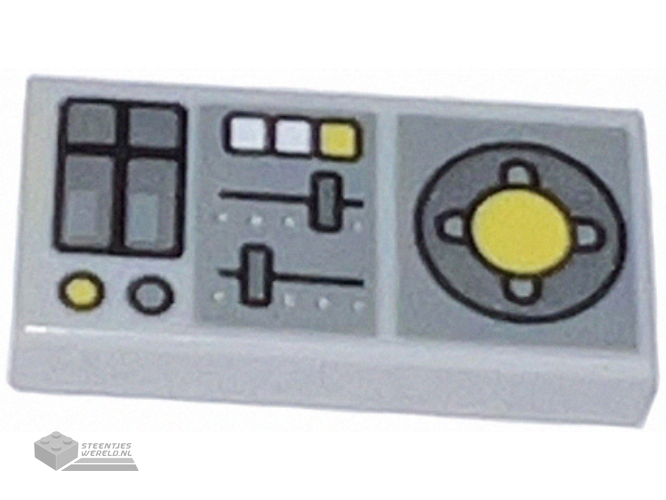 3069pb0847 – Tile 1 x 2 with Vehicle Control Panel, Silver Sliders, Yellow Buttons, Dark Bluish Gray Panels Pattern