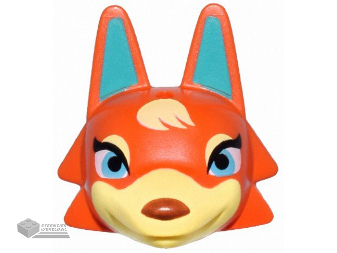 107032pb01 - Minifigure, Head, Modified Wolf with Pointed Ears with Molded Bright Light Yellow Face and Printed Dark Turquoise Auricles, Bright Pink and Medium Azure Eyes, and Reddish Brown Nose Pattern