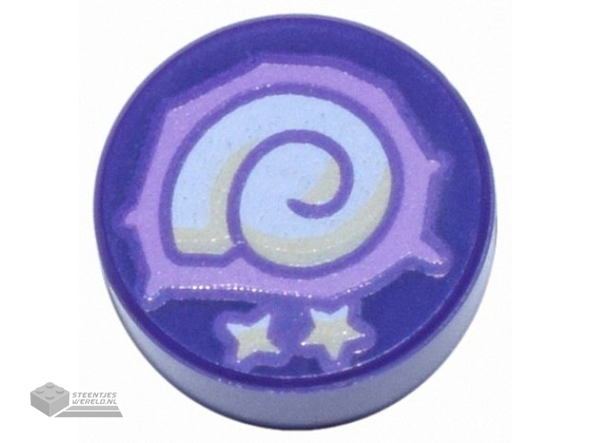 98138pb402 – Tile, Round 1 x 1 with Medium Lavender and White Ammonite and Stars Pattern (Animal Crossing Fossil)