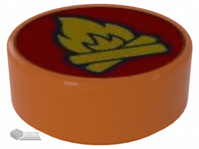 98138pb413 – Tile, Round 1 x 1 with Yellow Campfire on Red Background Pattern