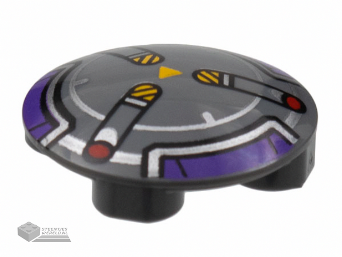 2654pb020 – Plate, Round 2 x 2 with Rounded Bottom (Boat Stud) with Dark Purple and Silver Border, 3 Spokes with Black and Yellow Danger Stripes and Red Dots Pattern