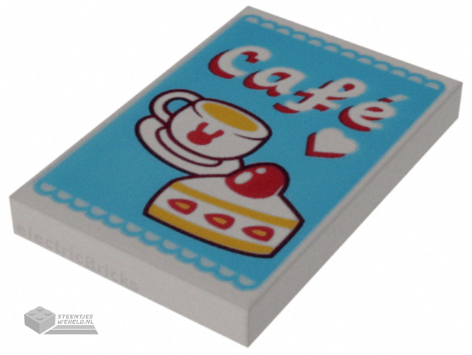 26603pb429 – Tile 2 x 3 with Medium Azure Sign with Red, White and Yellow Coffee Cup, Cake, Heart and ‘Café’ (Cafe) Pattern
