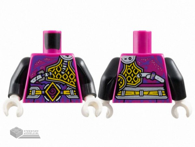 973pb5746c01 – Torso Female Armor, Yellow Diamonds and Belt, Dark Purple Spiral and Trim, Silver Dots Pattern / Black Arms / White Hands