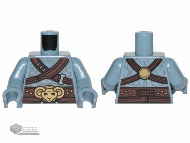 973pb4685c01 - Torso Alien Bare Chest with Dark Brown Diagonal Belts and Gold Ram Pattern / Sand Blue Arms / Sand Blue Hands