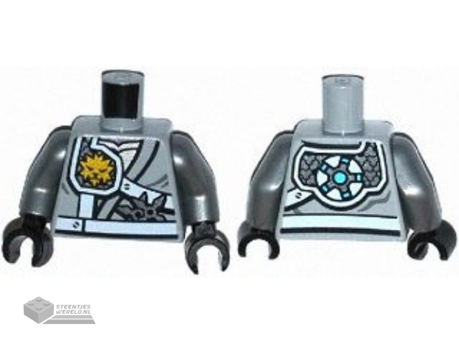 973pb1977c01 - Torso Ninjago Shoulder Protection with White Straps and Gold Lion Emblem over Robes, Shurikens in Belt Pattern / Flat Silver Arms / Black Hands