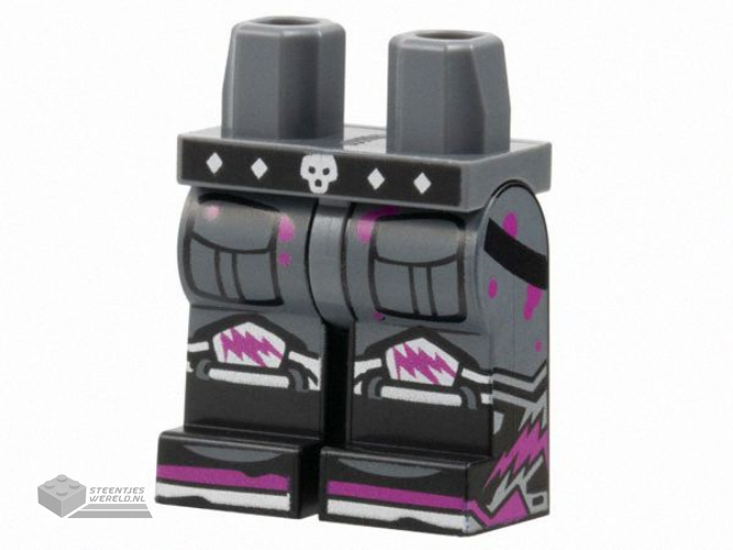 970c11pb55 – Hips and Black Legs with Black Belt, Silver Skull Buckle, Diamonds, Toes and Knee Pads with Magenta Lightning, Spots and Stripes Pattern
