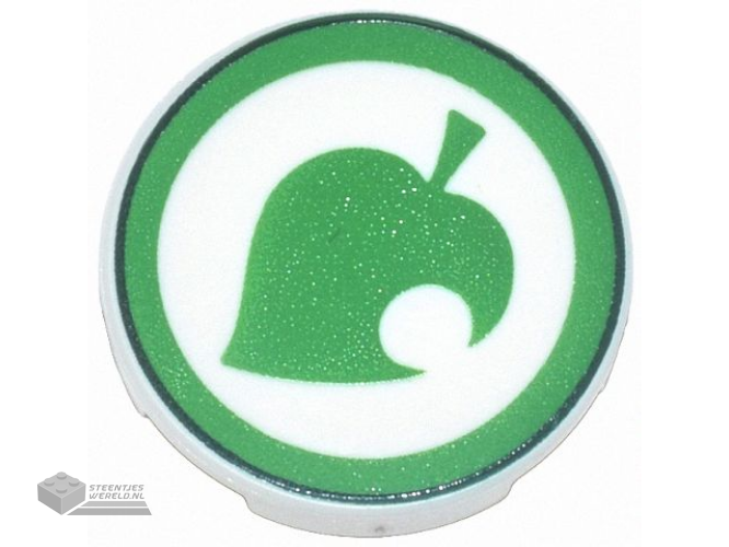 14769pb703 – Tile, Round 2 x 2 with Bottom Stud Holder with Bright Green Leaf with Circle Cutout and Dark Green Border Pattern (Animal Crossing New Leaf Logo)