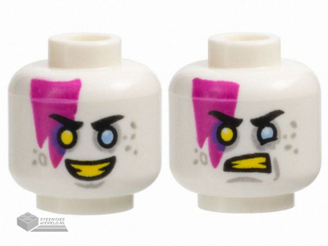 3626pb3669 - Minifigure, Head Dual Sided Black Eyebrows, Magenta Marking, Light Bluish Gray Spots, Bright Light Blue Eye Left, Yellow Eye Right and Teeth, Smile / Scowl Pattern