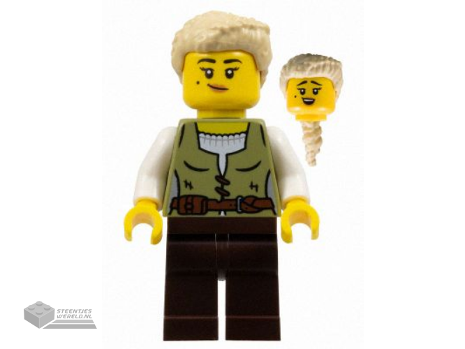 cas582 – Carpenter – Female, Olive Green Vest, Dark Brown Legs, Tan Coiled Hair Ponytail