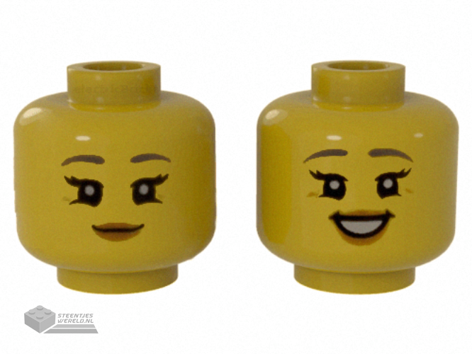 3626cpb2964 - Minifigure, Head Dual Sided Female Dark Bluish Gray Eyebrows, Black Eyelashes, Medium Nougat Lips, Grin / Open Mouth Smile with Teeth Pattern - Hollow Stud