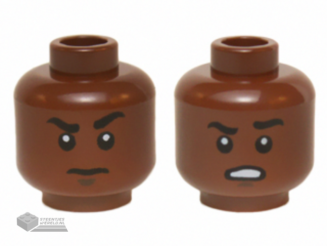 3626cpb1420 - Minifigure, Head Dual Sided Black Eyebrows, White Pupils, Raised Eyebrow / Open Mouth Scowling Teeth Pattern (Finn) - Hollow Stud