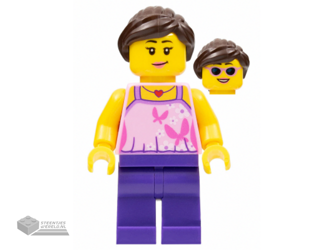 hol083 – Girl, Bright Pink Top with Butterflies and Flowers, Dark Purple Legs, Dark Brown Hair Ponytail and Swept Sideways Fringe