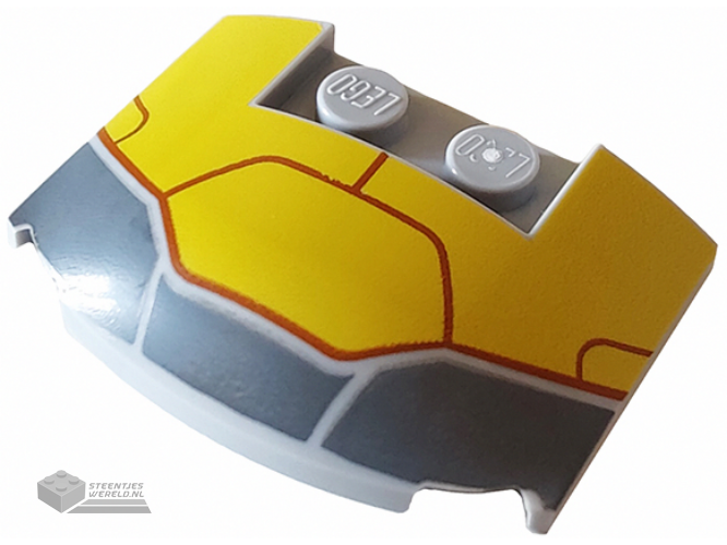 93604pb11 – Wedge 3 x 4 x 2/3 Triple Curved with Dark Bluish Gray and Yellow Armor Plates and Dark Red Lines Pattern