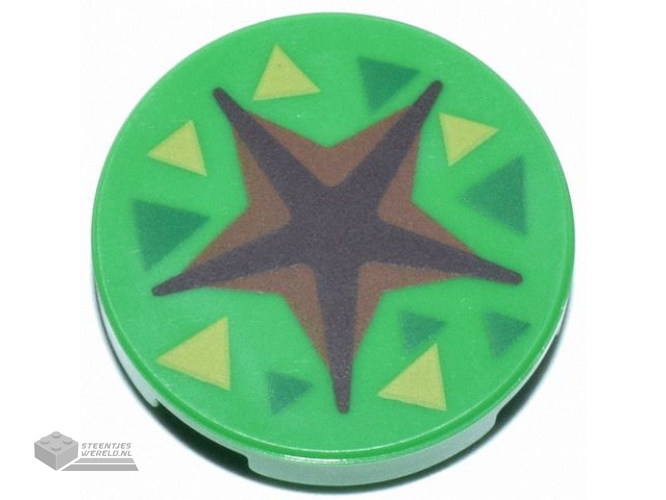14769pb666 – Tile, Round 2 x 2 with Bottom Stud Holder with Dark Brown and Reddish Brown Star Shaped Crevice, Green and Lime Triangles Pattern (Animal Crossing Fossil Dig Spot)
