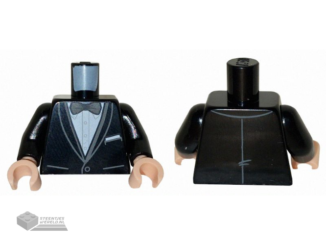 973pb4837c01 – Torso Tuxedo Jacket with Pockets over White Button Up Shirt, Dark Bluish Gray Bow Tie, Pocket Square Pattern / Black Arms / Light Nougat Hands