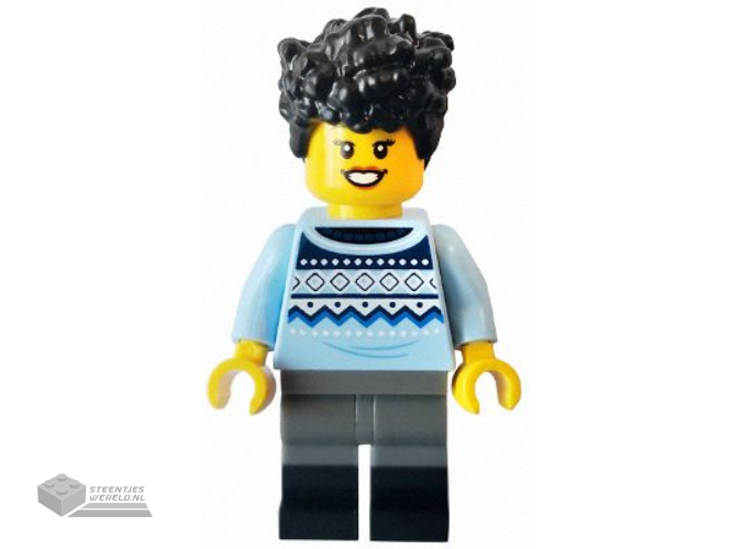 idea149 – Camper – Female, Bright Light Blue Knit Fair Isle Sweater, Dark Bluish Gray Legs with Black Boots, Black Hair