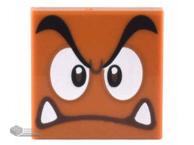 3068pb1374 – Tile 2 x 2 with Black Eyebrows, Dark Brown and White Eyes Looking Straight, Angry Frown with Bottom Fangs Pattern (Super Mario Goomba Face)