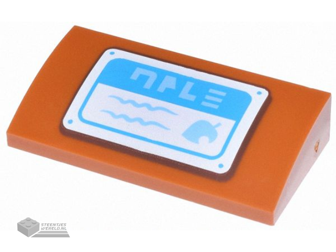 88930pb171 – Slope, Curved 2 x 4 x 2/3 with Bottom Tubes with White and Dark Azure Sign with Medium Blue Text and Leaf Pattern (Animal Crossing Drop-Off Box)