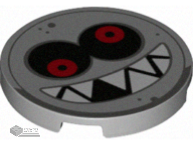 67095pb014 – Tile, Round 3 x 3 with Black and Red Eyes, Open Mouth Smile with Sharp White Teeth, Dark Bluish Gray Border and Dots Pattern (Super Mario Grrrol Face)