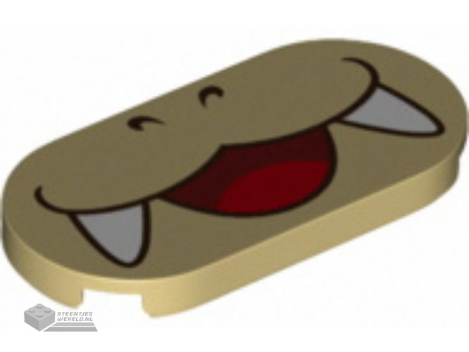 66857pb003 – Tile, Round 2 x 4 Oval with Dark Brown Nostrils and Narrow Dark Red Open Mouth Smile with Red Tongue and White Fangs Pattern (Super Mario Larry Lower Face)