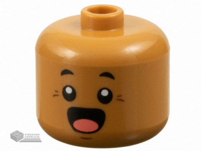 79435pb08 – Minifigure, Head, Modified Giant Black Eyebrows, Reddish Brown Chin Dimple and Crow’s Feet, Surprised Open Mouth with Coral Tongue Pattern – Vented Stud
